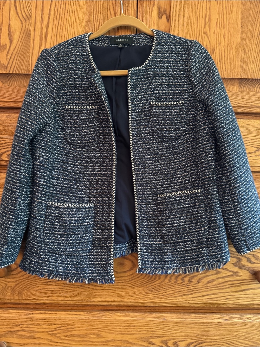 Talbots Navy and White Tweed Collarless Jacket